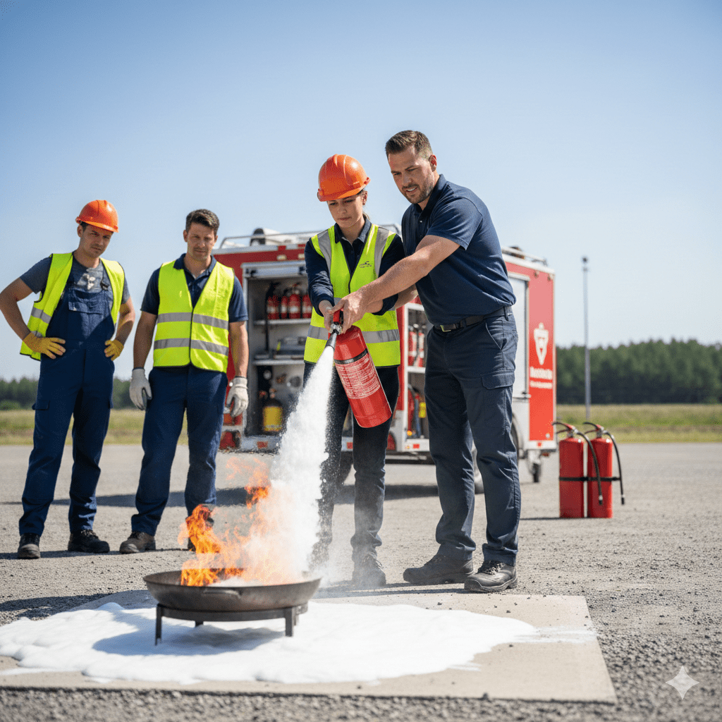 Eine Gruppe von Teilnehmern bei einer Brandschutzhelfer Fortbildung; eine Frau löscht unter Anleitung eines Experten ein kontrolliertes Feuer mit einem roten Schaumlöscher.