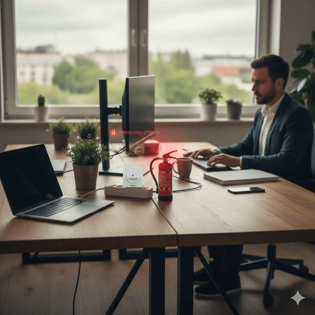 Heller, moderner Arbeitsplatz im Homeoffice mit Laptop auf einem Holzschreibtisch, Zimmerpflanze und weichem Tageslicht – Symbolbild für Arbeitsschutz und Brandschutzprävention.